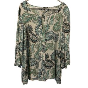 Rose & Olive‎ Woman 2X Blouse Keyhole V Neck Paisley Pullover Artsy Boho Resort